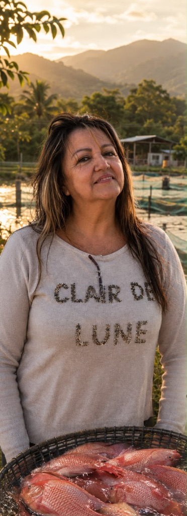 Liliana Gaviria, fundadora de Aqua Vida San Bernardo, junto a los lagos de tilapia al atardecer